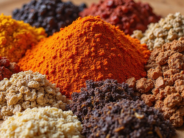 A close-up of natural ingredients, possibly spices or herbs, arranged artfully