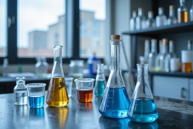 A close-up image of a chemical laboratory with beakers, test tubes, and scientific equipment, symbolizing rigorous testing and quality control. Focus on clarity and precision.
