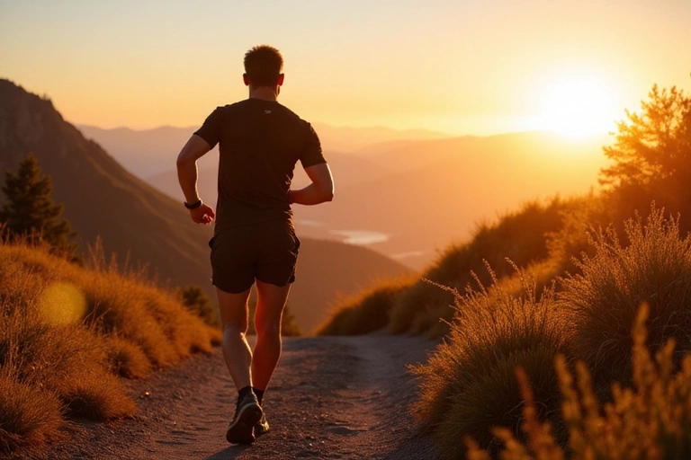 A strong, active man in his 30s running on a scenic mountain trail at sunrise, exuding energy and vitality. The background is blurred to focus on the runner.