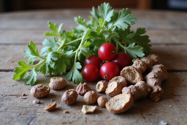 Raw natural ingredients like herbs, roots, and berries arranged artfully on a rustic wooden table, with soft, natural lighting highlighting their textures.