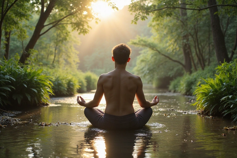 A person meditating in a serene natural setting, symbolizing inner peace and healthy living