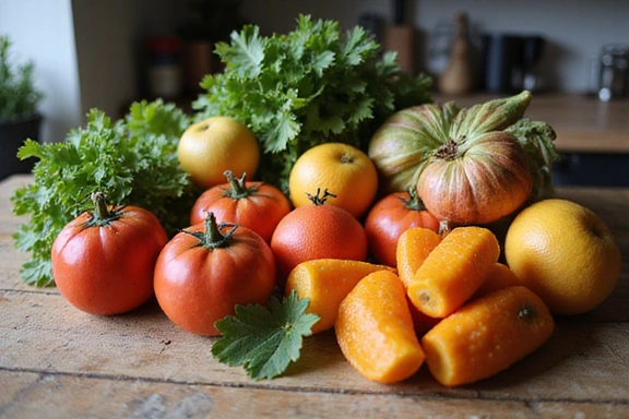 Fresh fruits and vegetables on a kitchen counter