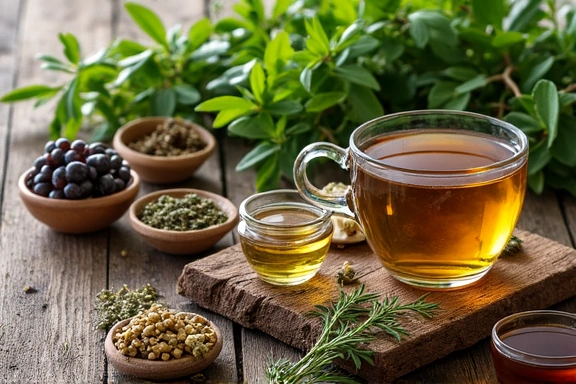 Herbal tea and natural remedies on a wooden table