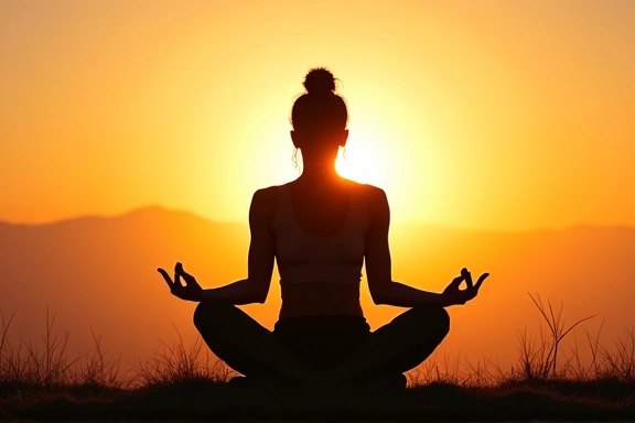 Person practicing yoga outdoors at sunrise