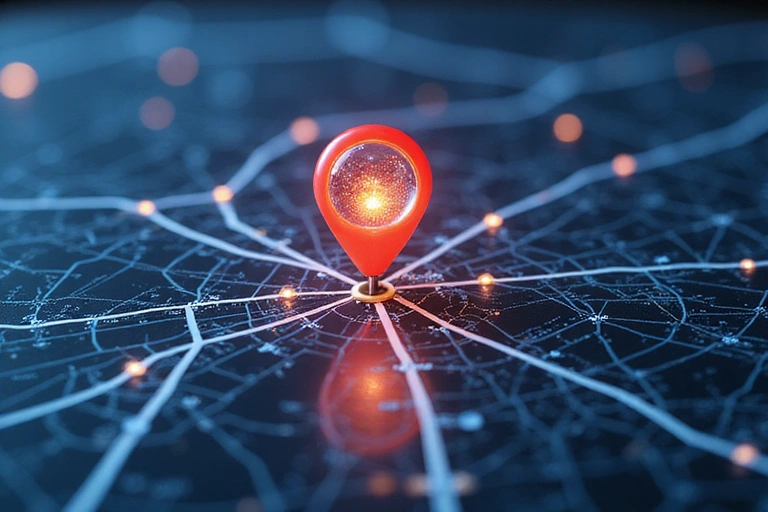 A detailed map showing the location of a business with a pin, surrounded by abstract connectivity lines.