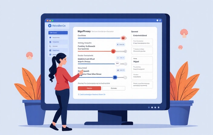 Illustration of a person managing digital privacy settings on a large screen, with various sliders and options for cookie preferences