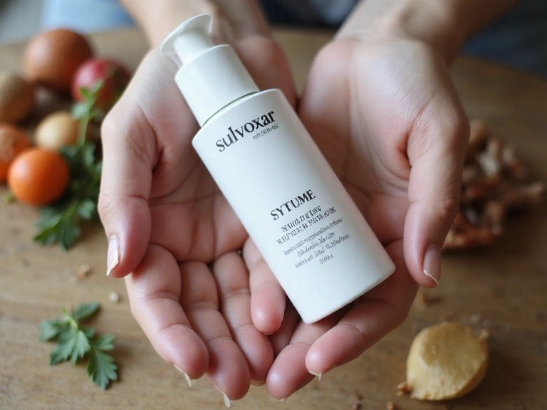 A close-up of hands holding a Sulvara product bottle, with blurred natural ingredients in the background.