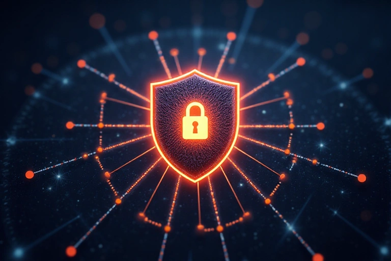 Cyber security concept with shield and network lines