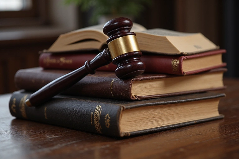 A gavel and law books on a wooden desk, symbolizing legal proceedings and law.
